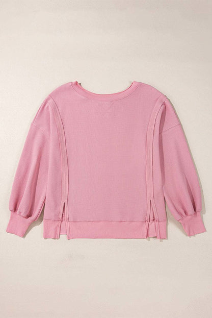 Pink Waffle Knit Bishop Sleeve Split Oversized Sweatshirt - Love Salve 