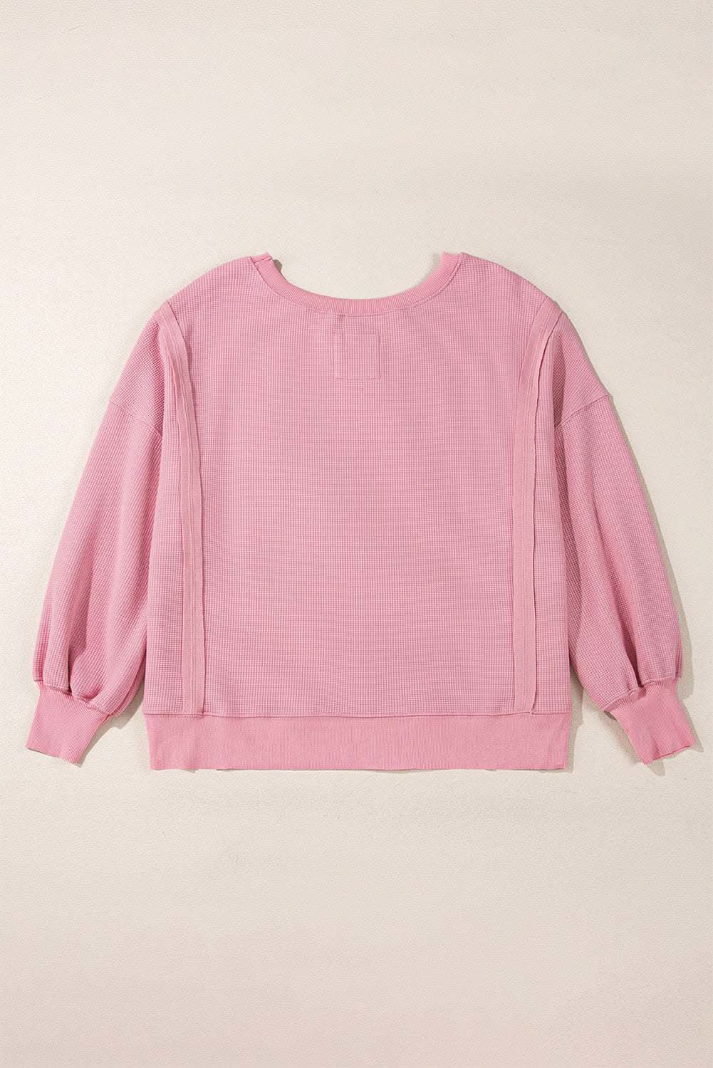 Pink Waffle Knit Bishop Sleeve Split Oversized Sweatshirt - Love Salve 