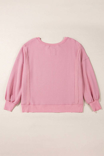 Pink Waffle Knit Bishop Sleeve Split Oversized Sweatshirt - Love Salve 
