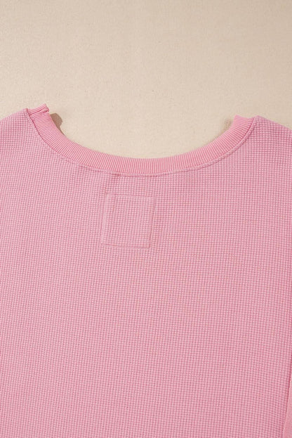 Pink Waffle Knit Bishop Sleeve Split Oversized Sweatshirt - Love Salve 