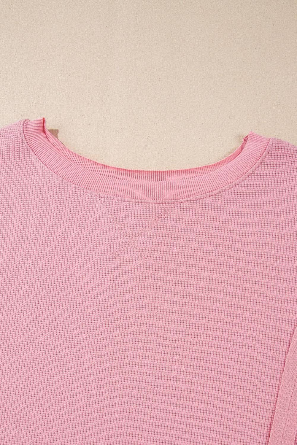 Pink Waffle Knit Bishop Sleeve Split Oversized Sweatshirt - Love Salve 