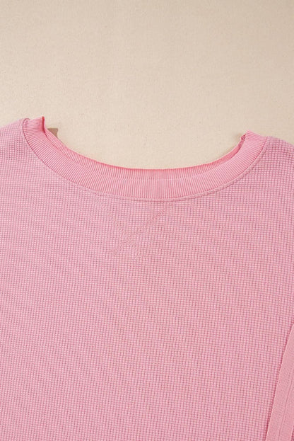 Pink Waffle Knit Bishop Sleeve Split Oversized Sweatshirt - Love Salve 