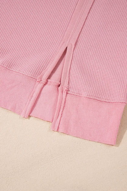 Pink Waffle Knit Bishop Sleeve Split Oversized Sweatshirt - Love Salve 