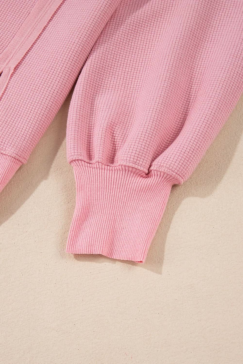 Pink Waffle Knit Bishop Sleeve Split Oversized Sweatshirt - Love Salve 
