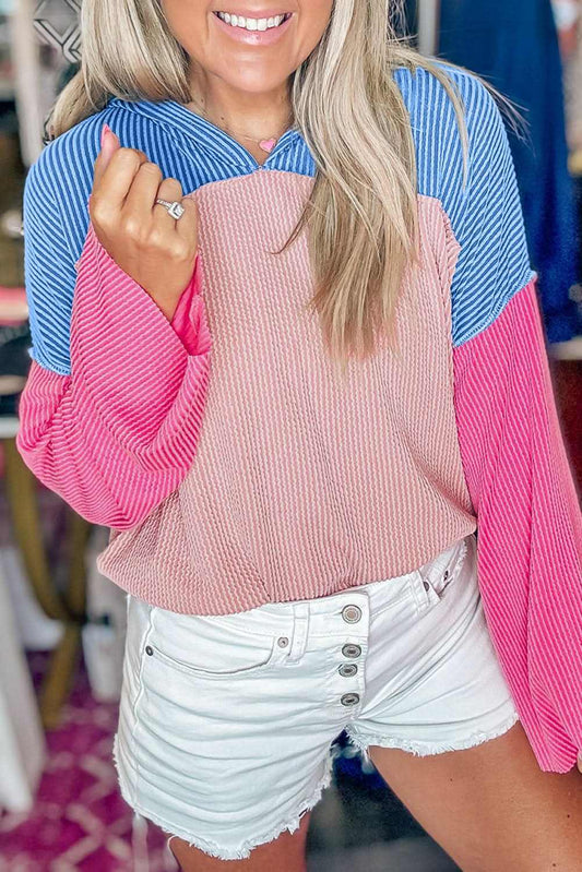 Pink Color Block Patchwork Corded Knit Loose Fit Hoodie - Love Salve 