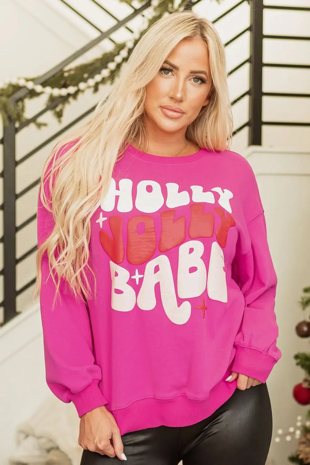 Rose Red Christmas Holly Jolly Babe Graphic Oversized Sweatshirt - Love Salve 