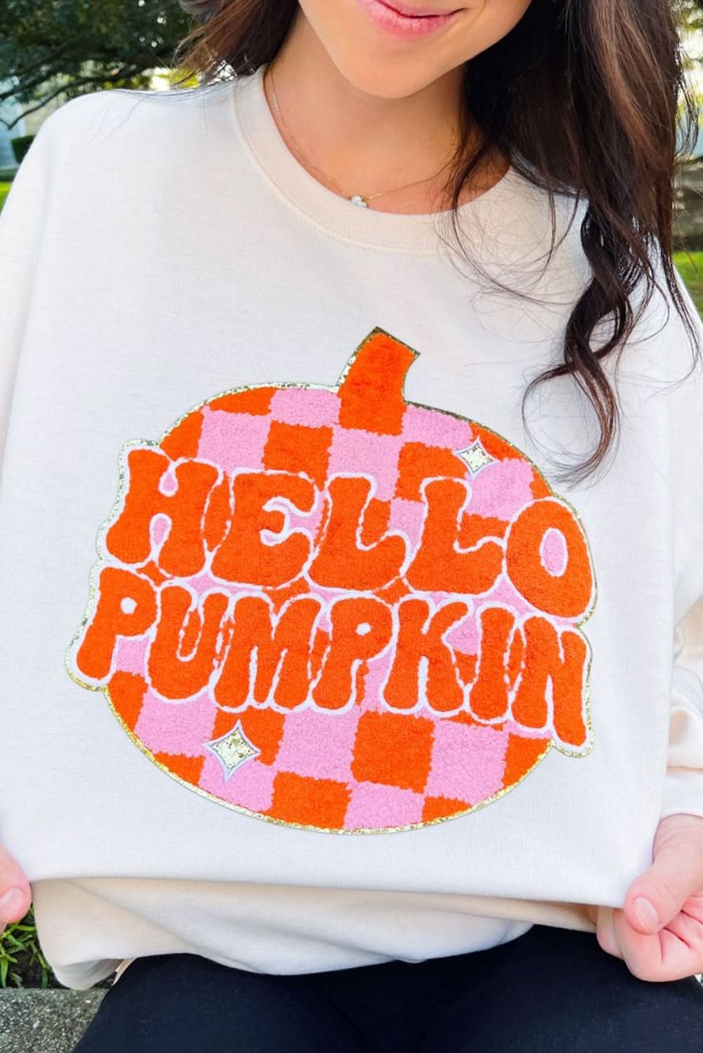 White Terry Halloween Pumpkin Patched Pattern Pullover Sweatshirt - Love Salve 