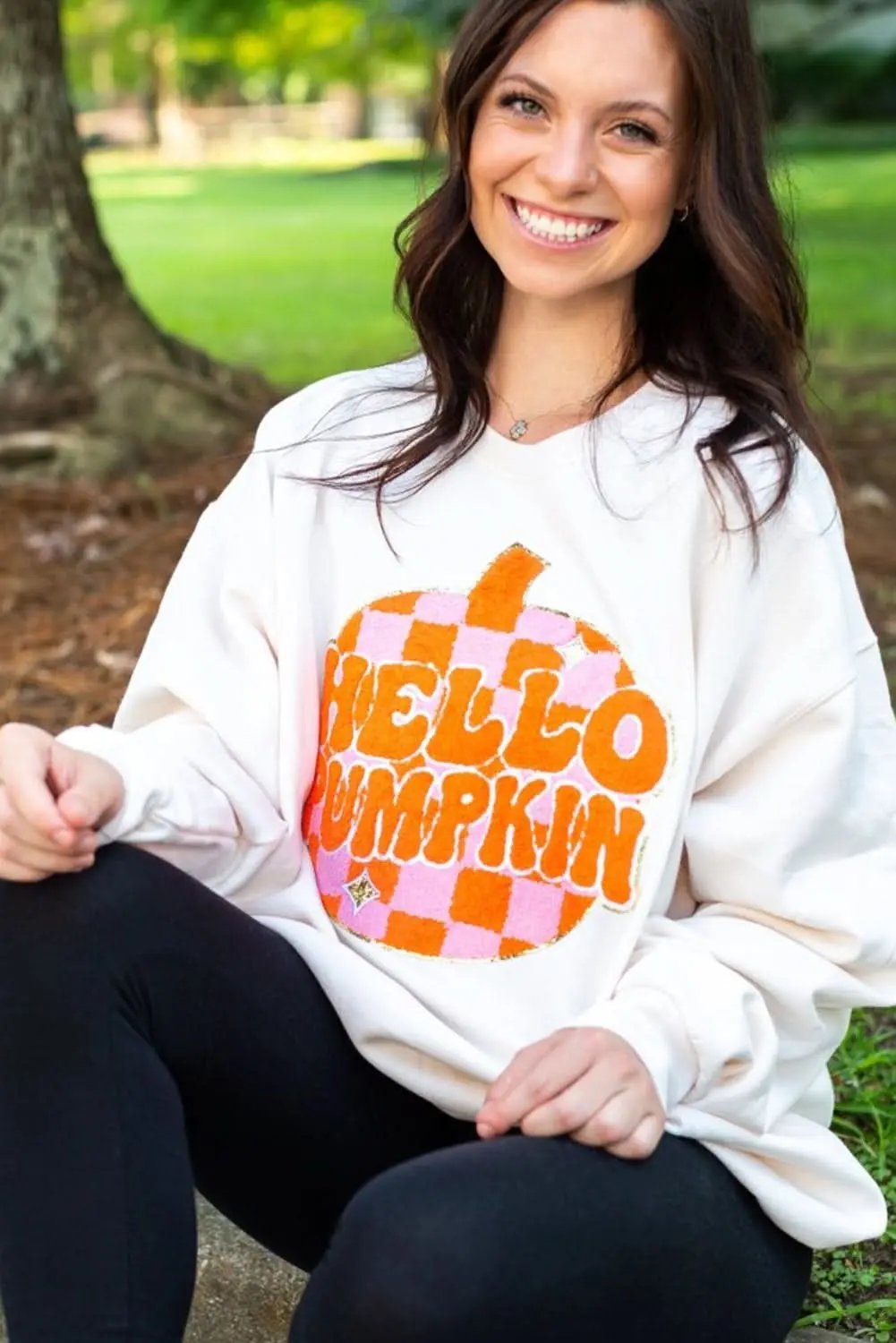 White Terry Halloween Pumpkin Patched Pattern Pullover Sweatshirt - Love Salve 