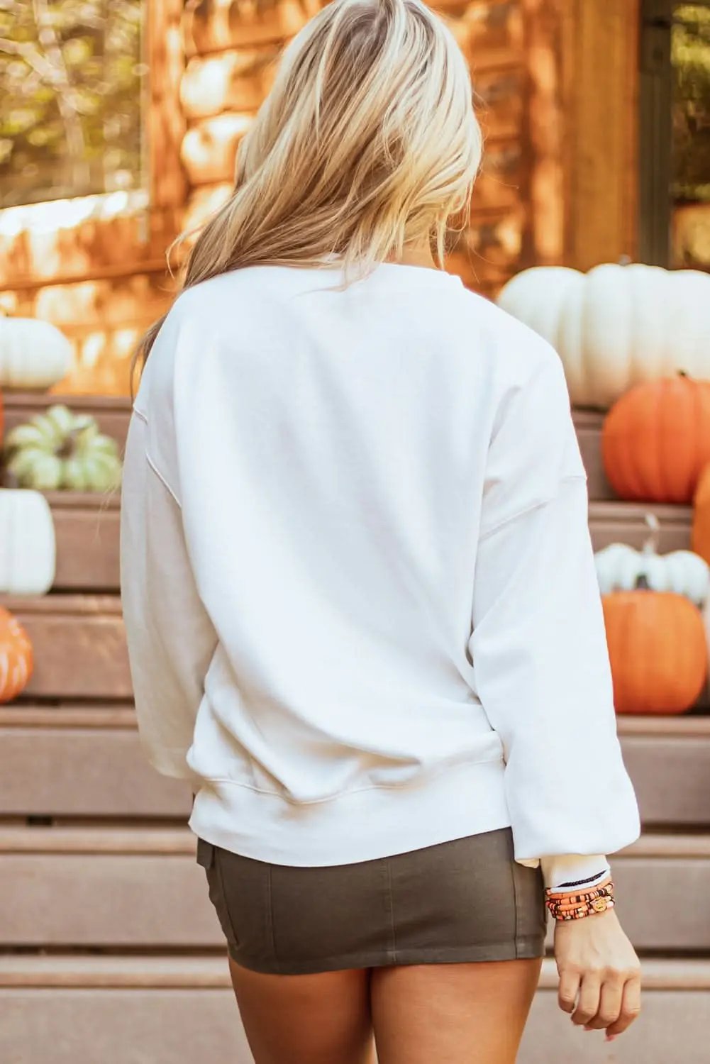 White Terry Halloween Pumpkin Patched Pattern Pullover Sweatshirt - Love Salve 