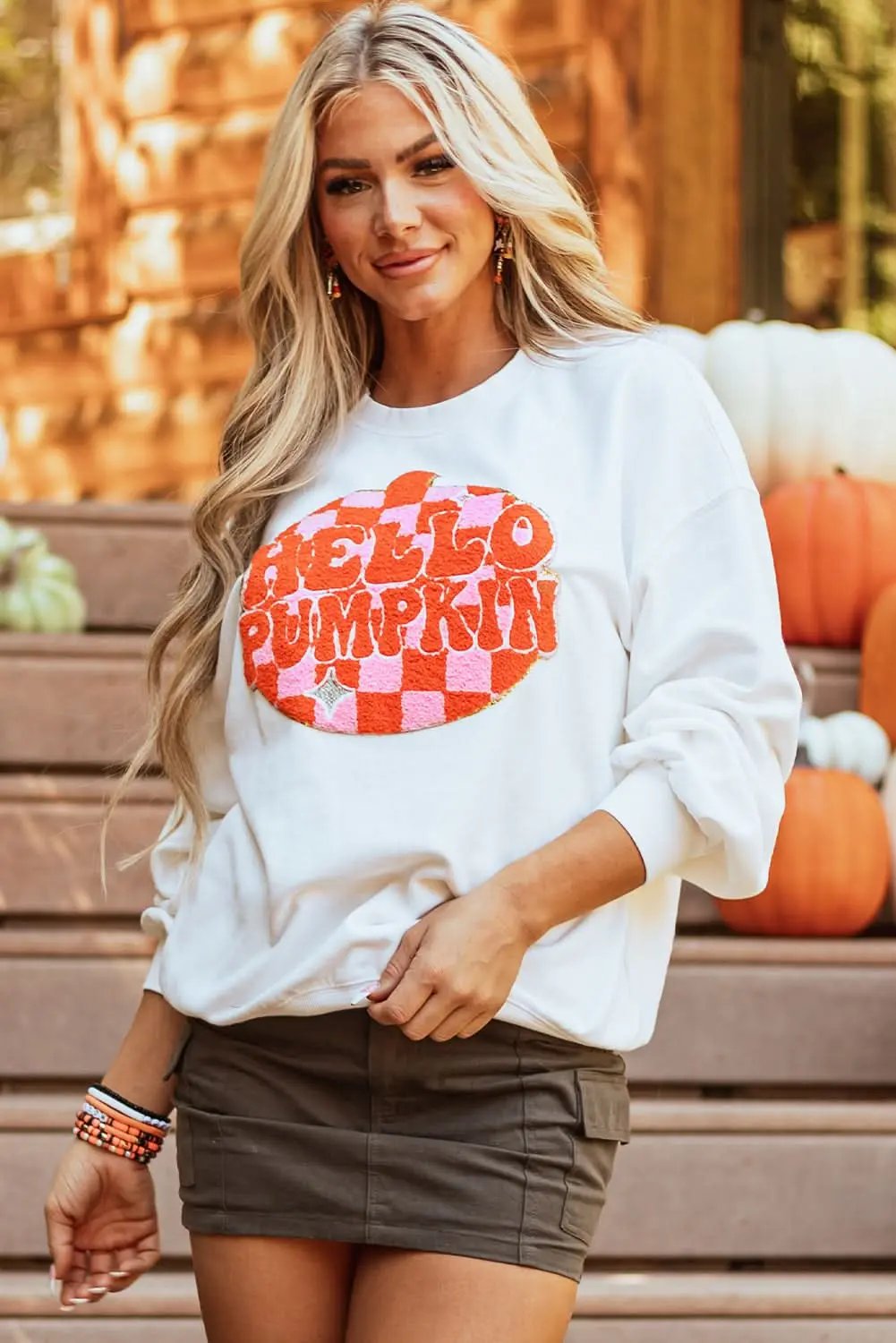 White Terry Halloween Pumpkin Patched Pattern Pullover Sweatshirt - Love Salve 