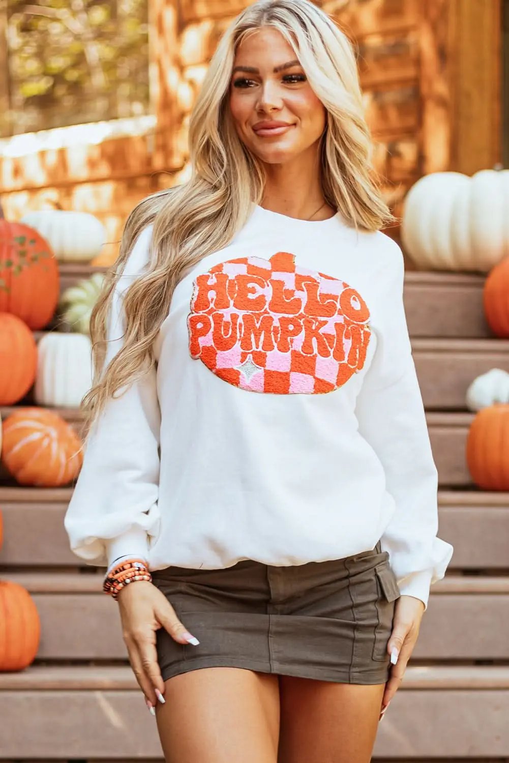 White Terry Halloween Pumpkin Patched Pattern Pullover Sweatshirt - Love Salve 