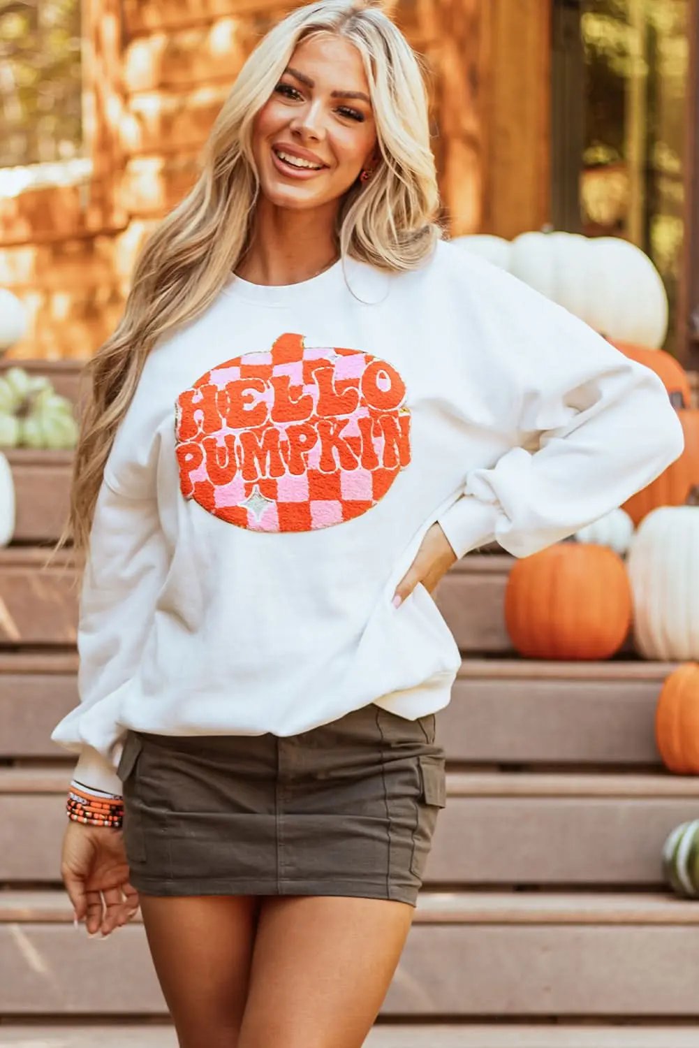 White Terry Halloween Pumpkin Patched Pattern Pullover Sweatshirt - Love Salve 