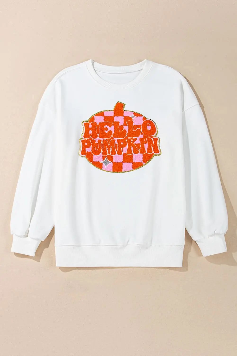 White Terry Halloween Pumpkin Patched Pattern Pullover Sweatshirt - Love Salve 