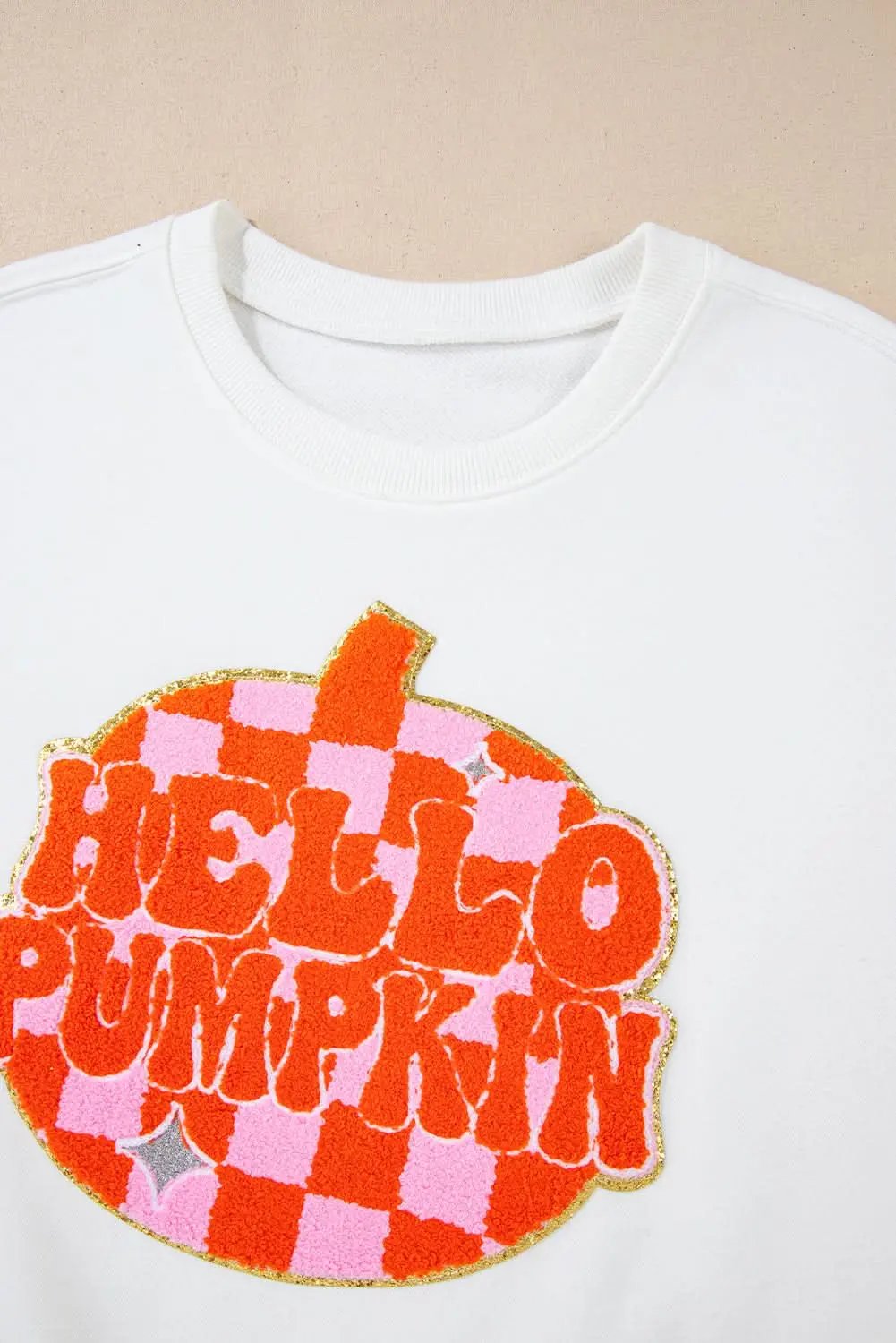 White Terry Halloween Pumpkin Patched Pattern Pullover Sweatshirt - Love Salve 