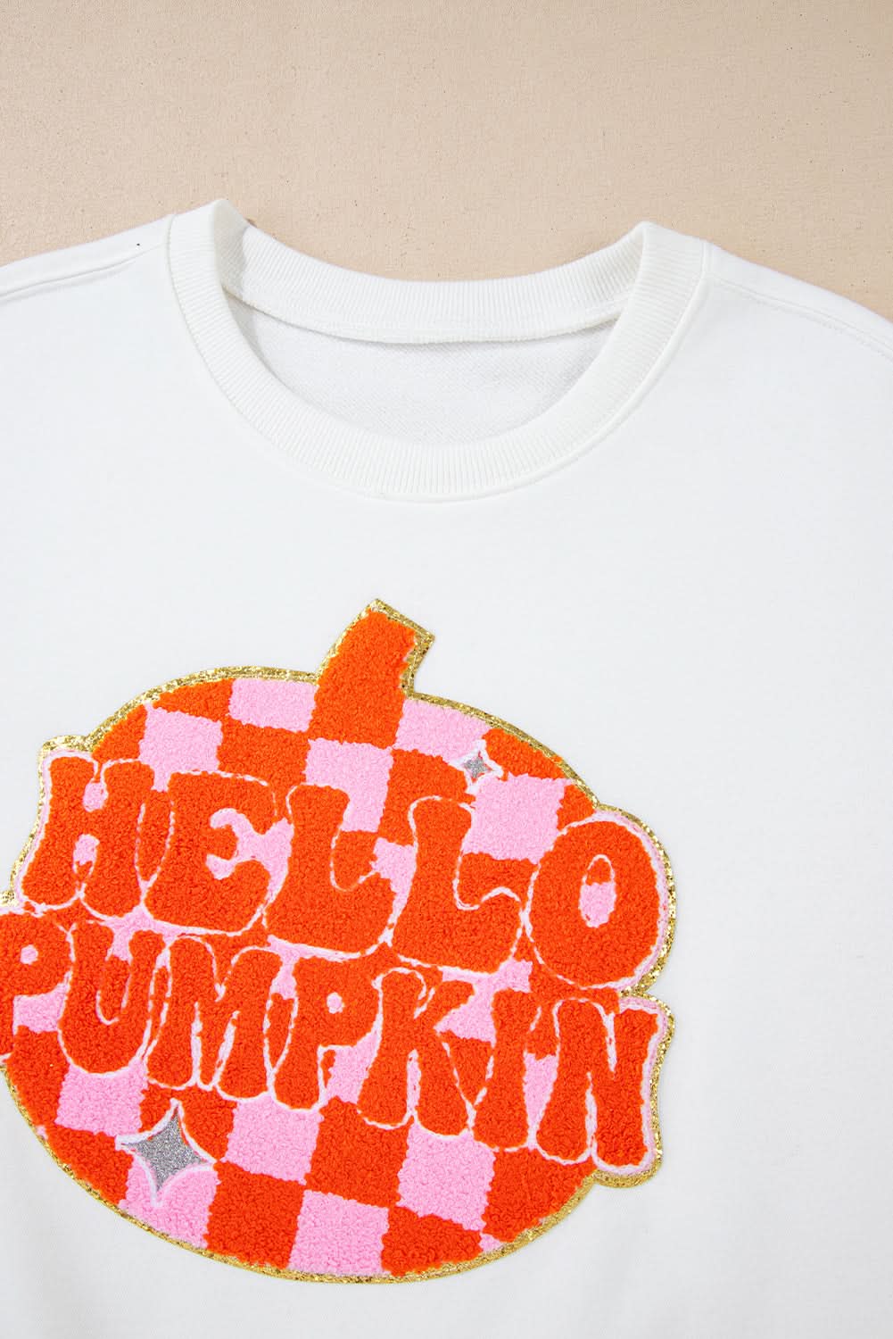 White Terry Halloween Pumpkin Patched Pattern Pullover Sweatshirt - Love Salve 