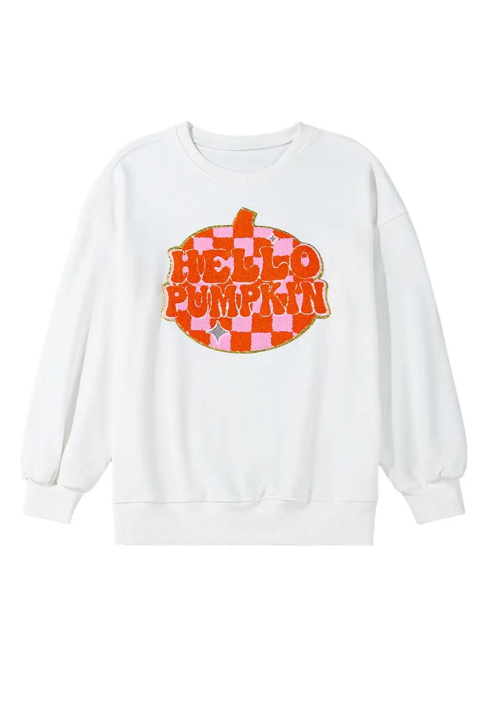 White Terry Halloween Pumpkin Patched Pattern Pullover Sweatshirt - Love Salve 