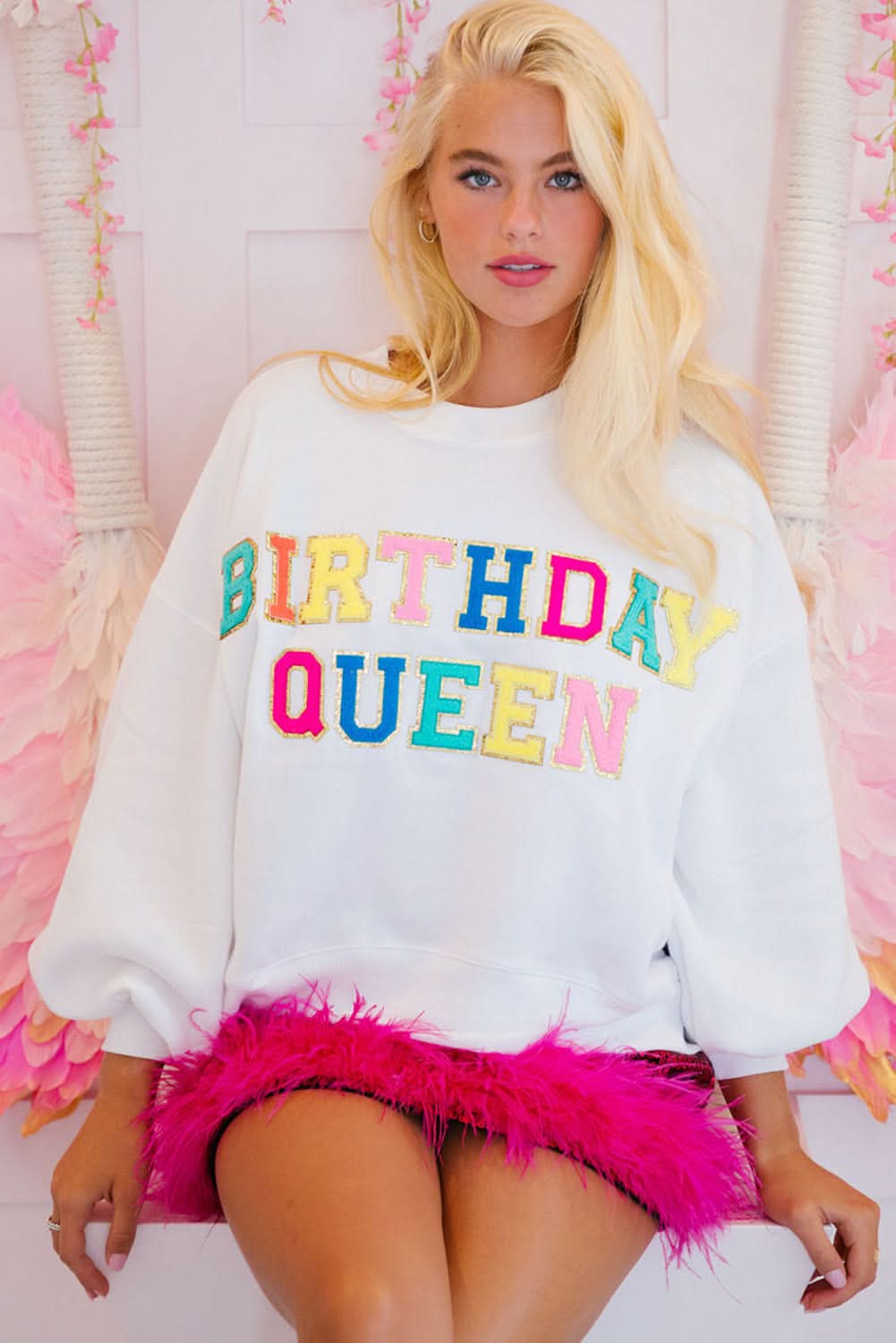 White BIRTHDAY QUEEN Graphic Balloon Sleeve Sweatshirt - Love Salve 