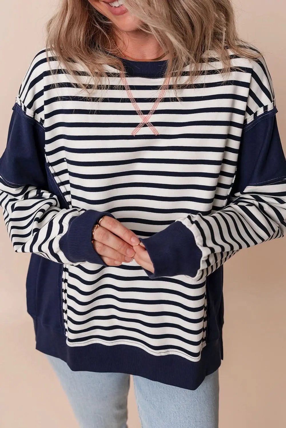 White Stripe Color Block Exposed Seam Loose Fit Sweatshirt - Love Salve 