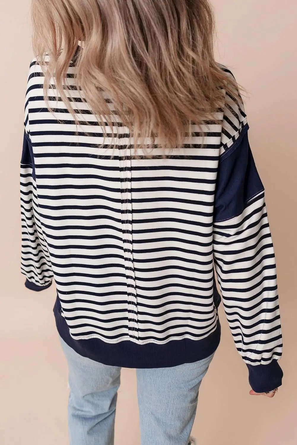 White Stripe Color Block Exposed Seam Loose Fit Sweatshirt - Love Salve 