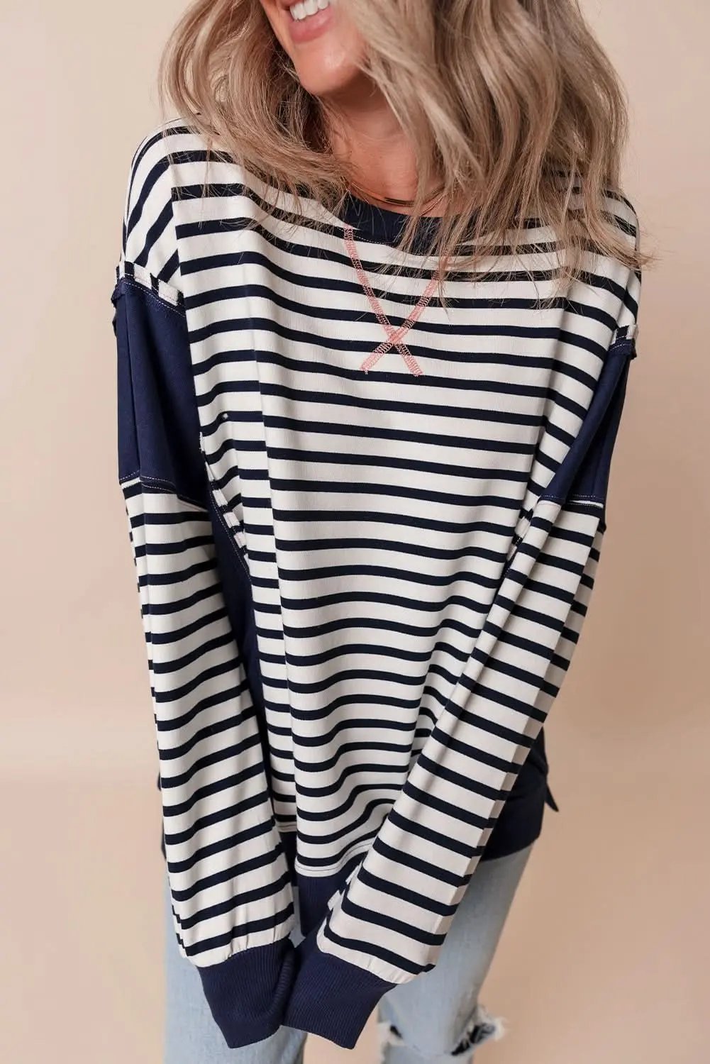 White Stripe Color Block Exposed Seam Loose Fit Sweatshirt - Love Salve 