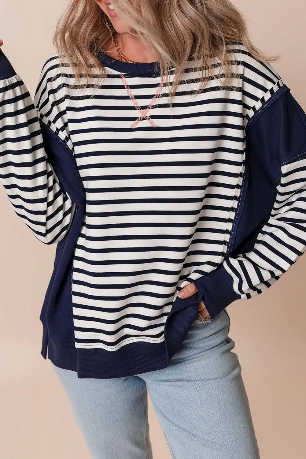 White Stripe Color Block Exposed Seam Loose Fit Sweatshirt - Love Salve 