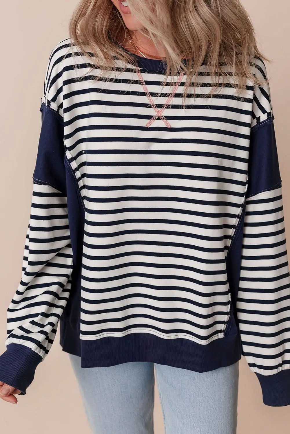 White Stripe Color Block Exposed Seam Loose Fit Sweatshirt - Love Salve 