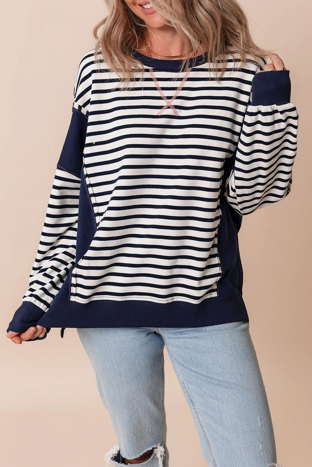 White Stripe Color Block Exposed Seam Loose Fit Sweatshirt - Love Salve 