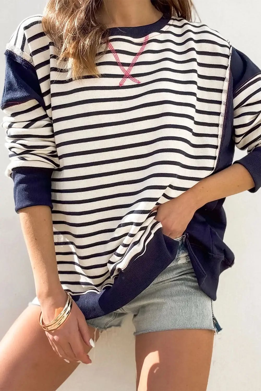 White Stripe Color Block Exposed Seam Loose Fit Sweatshirt - Love Salve 