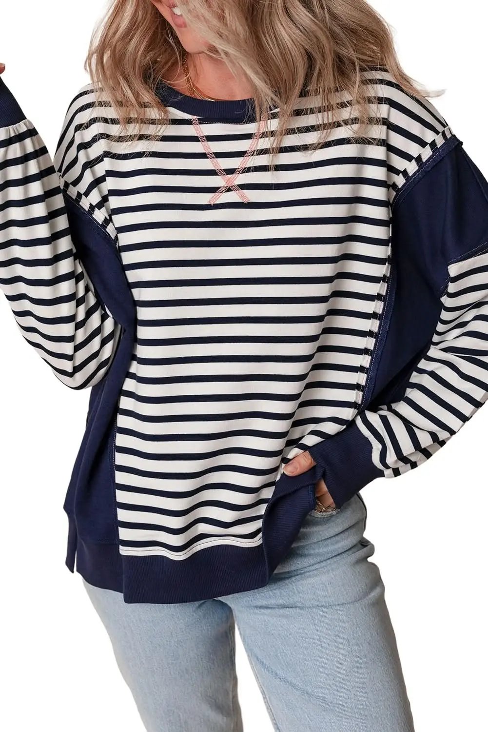 White Stripe Color Block Exposed Seam Loose Fit Sweatshirt - Love Salve 