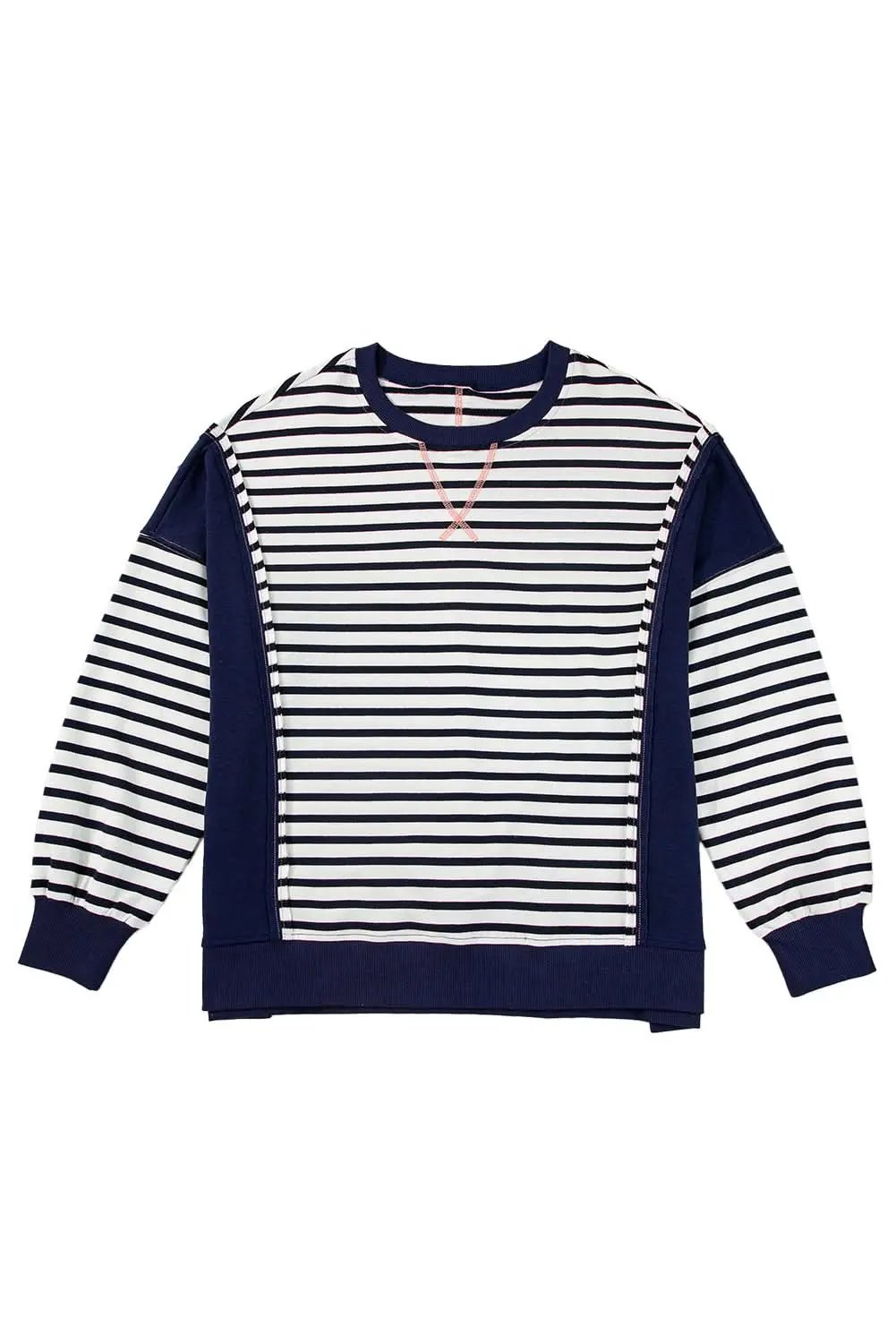 White Stripe Color Block Exposed Seam Loose Fit Sweatshirt - Love Salve 