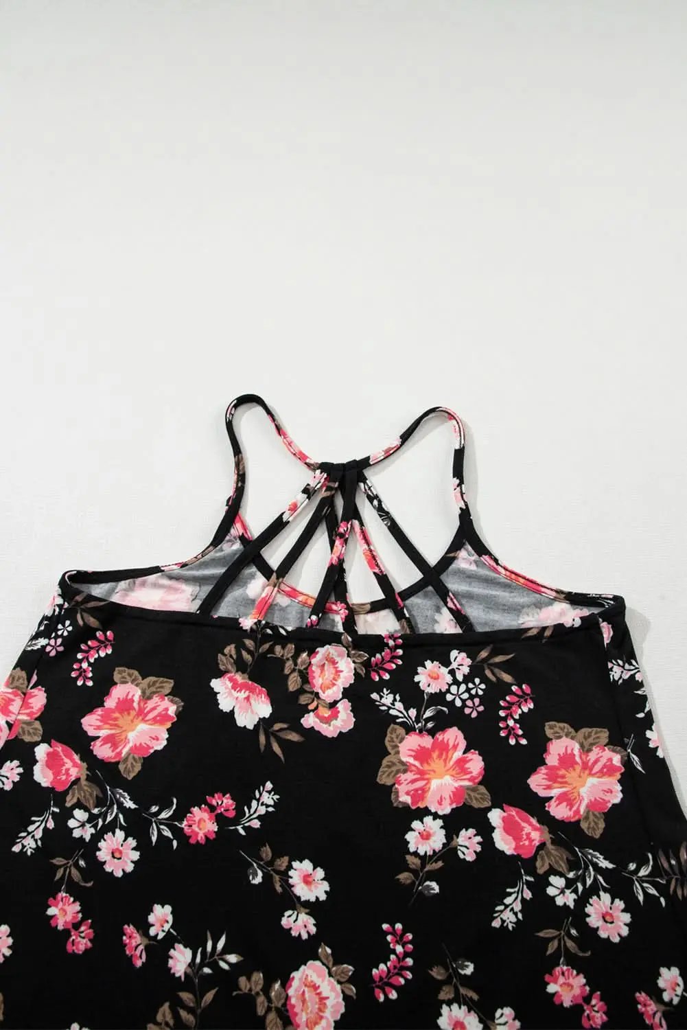 Black Floral Spaghetti Straps Strappy Back Tank Top - Love Salve 