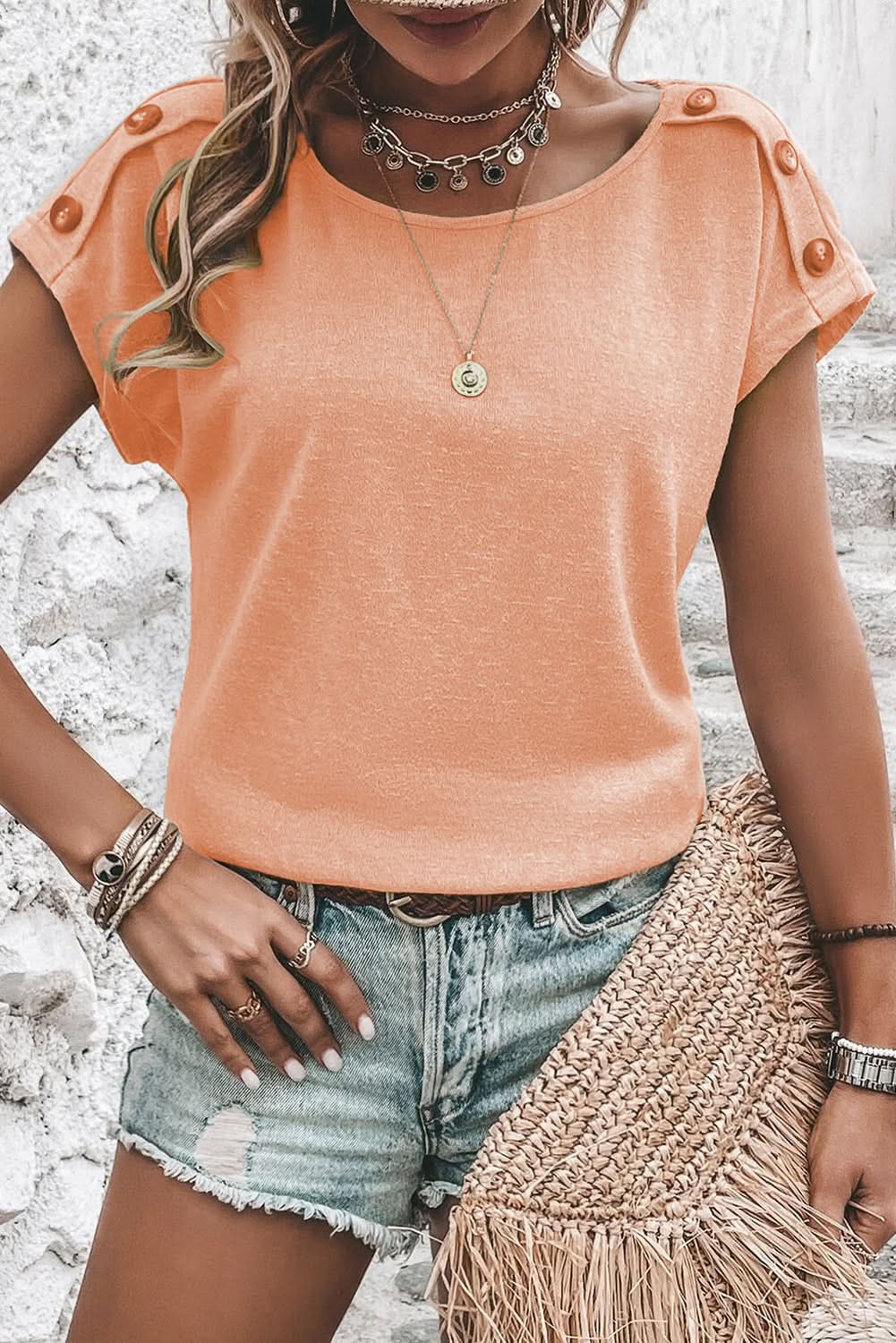 Apricot Pink Button Detail Batwing Sleeve Casual Tee - Love Salve 