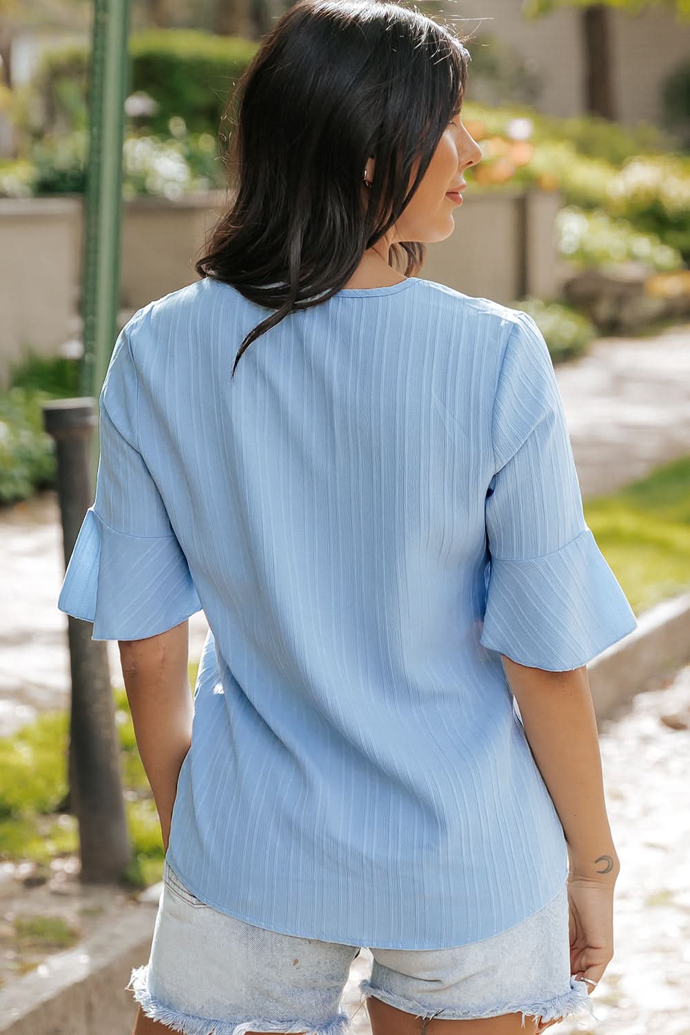 Beau Blue Ruffled Half Sleeve V Neck Textured Top - Love Salve 