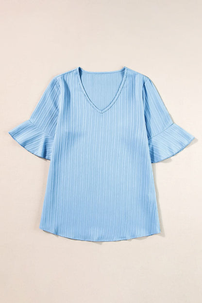 Beau Blue Ruffled Half Sleeve V Neck Textured Top - Love Salve 