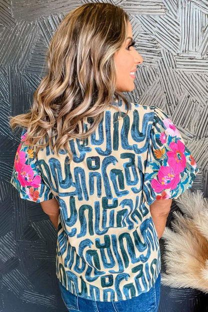 Beige Embroidered Puff Sleeve Frilled Neck Printed Top - Love Salve 