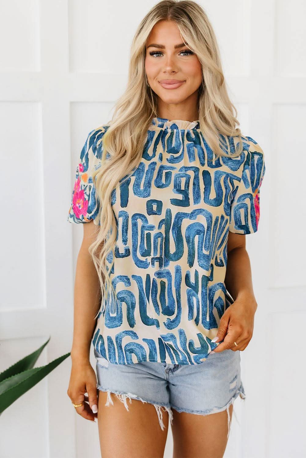 Beige Embroidered Puff Sleeve Frilled Neck Printed Top - Love Salve 