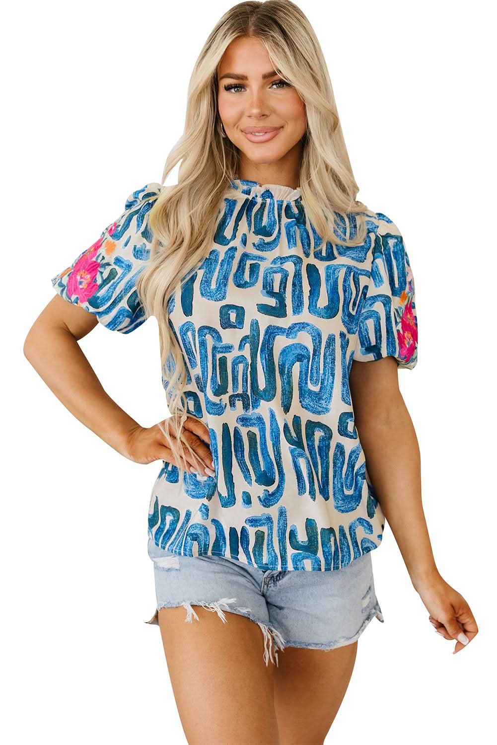 Beige Embroidered Puff Sleeve Frilled Neck Printed Top - Love Salve 