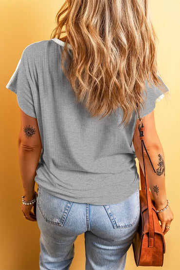 Gray Ribbed Color Block Patchwork T-shirt - Love Salve 