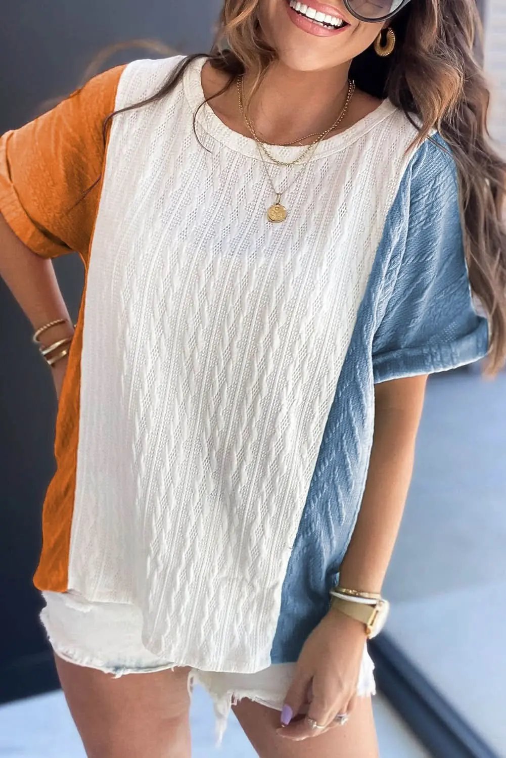 Light Blue Textured Color Block Loose Fit T Shirt - Love Salve 