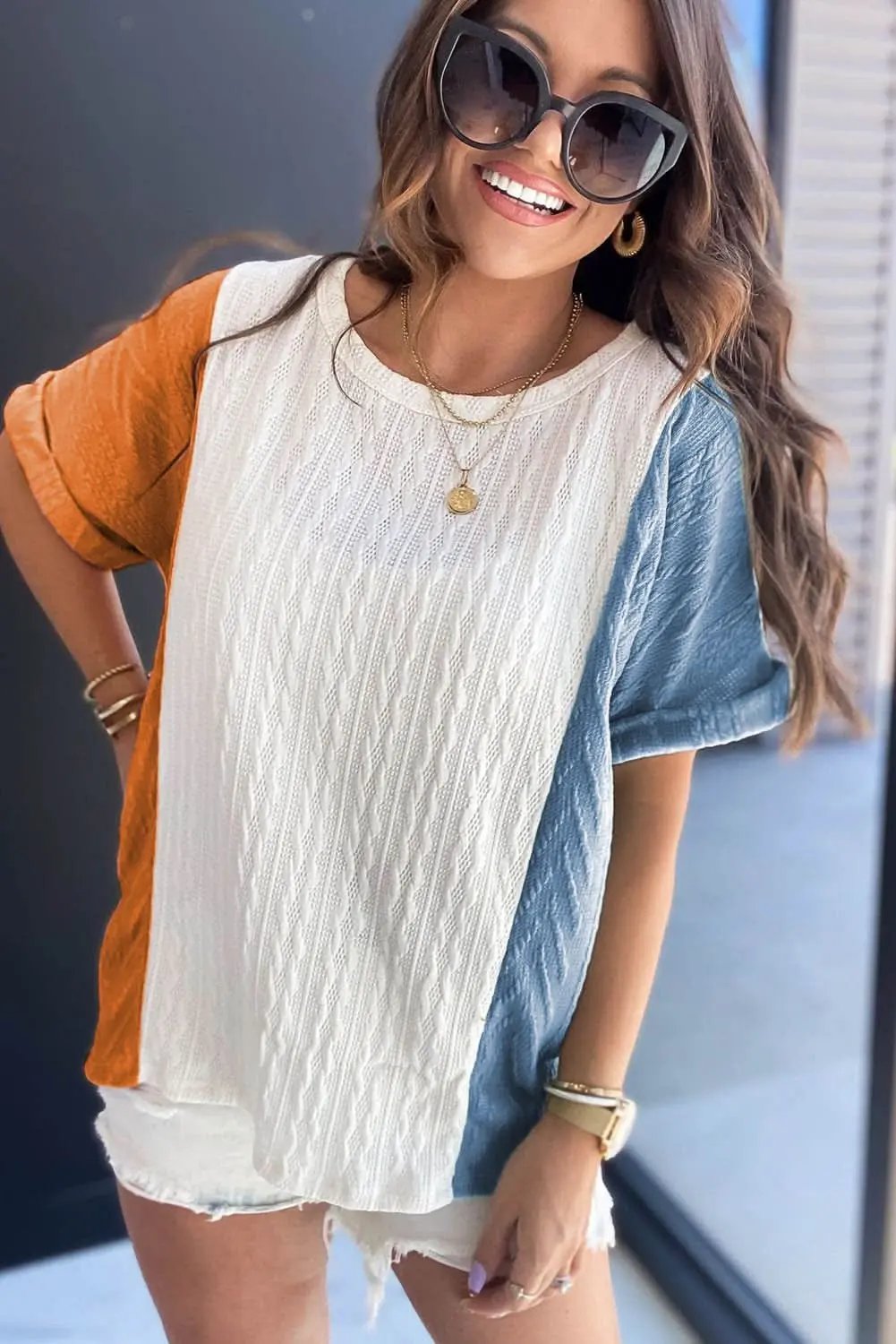 Light Blue Textured Color Block Loose Fit T Shirt - Love Salve 