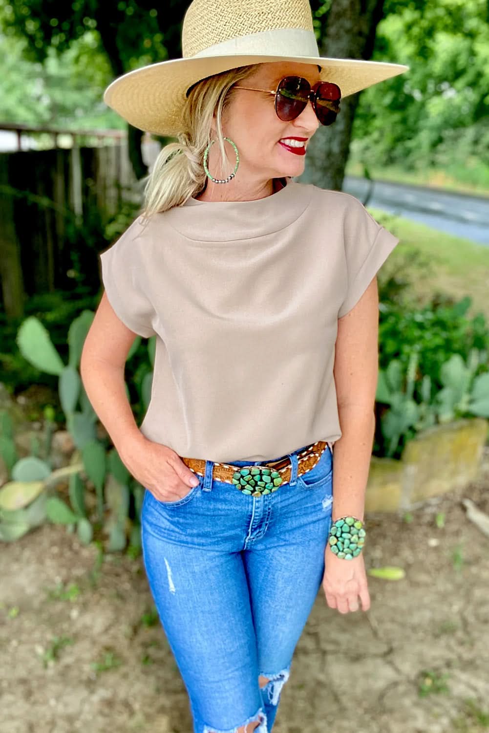 Oatmeal Plain Crew Neck Loose Fit Casual Top - Love Salve 