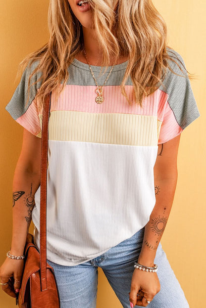 White Ribbed Color Block Patchwork T-shirt - Love Salve 