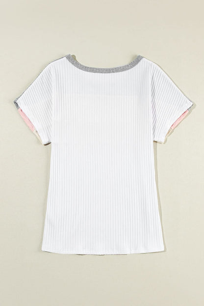 White Ribbed Color Block Patchwork T-shirt - Love Salve 