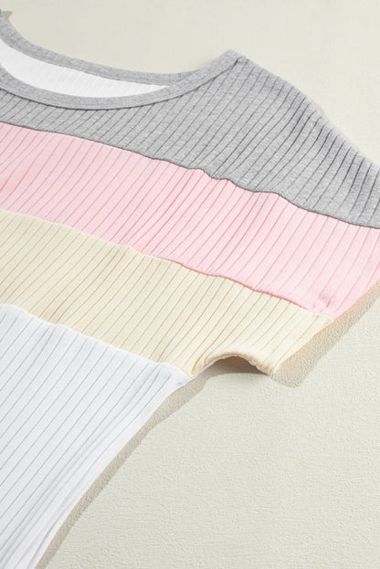 White Ribbed Color Block Patchwork T-shirt - Love Salve 