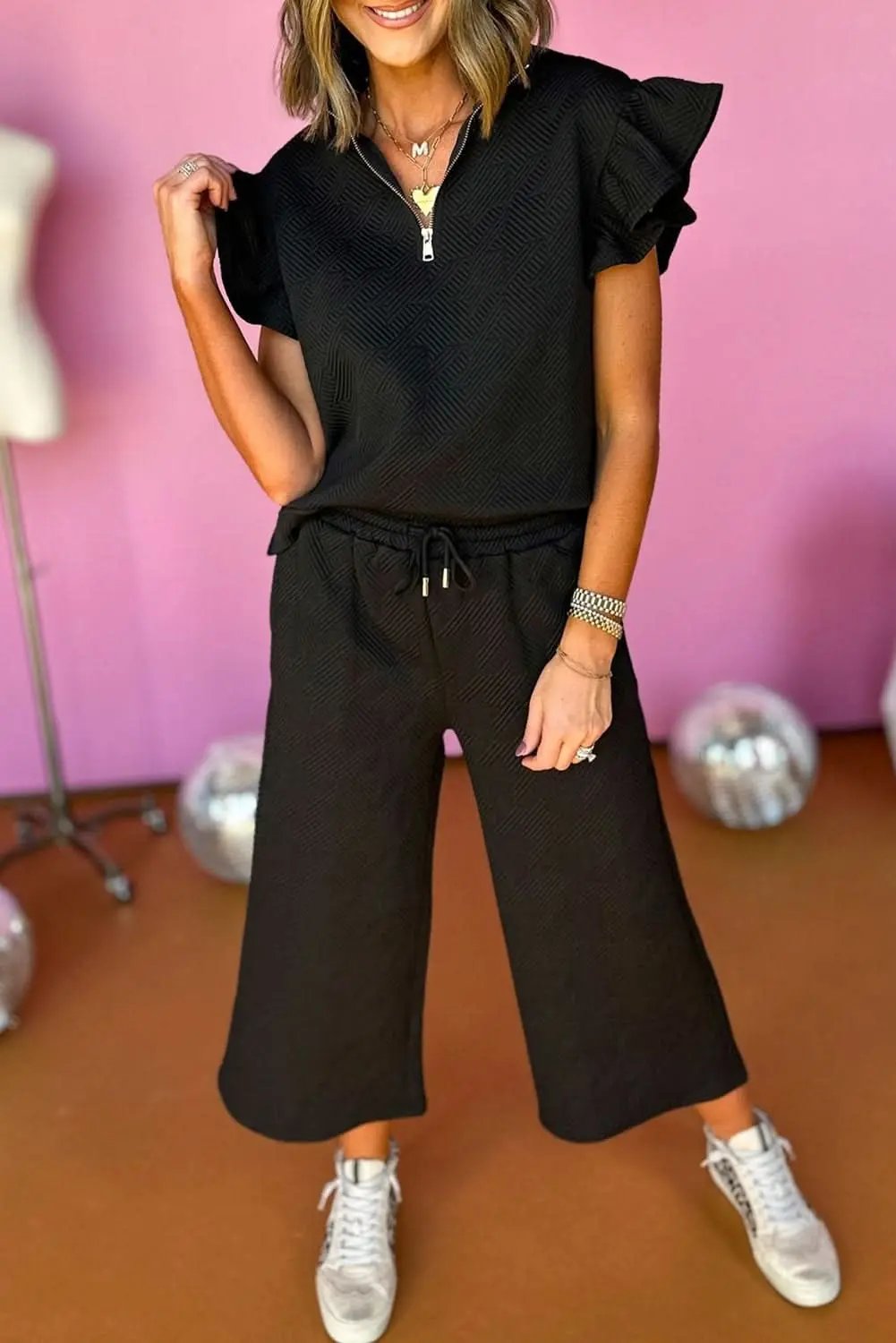 Black Textured Flutter Sleeve Top Wide Leg Pants Set - Love Salve 