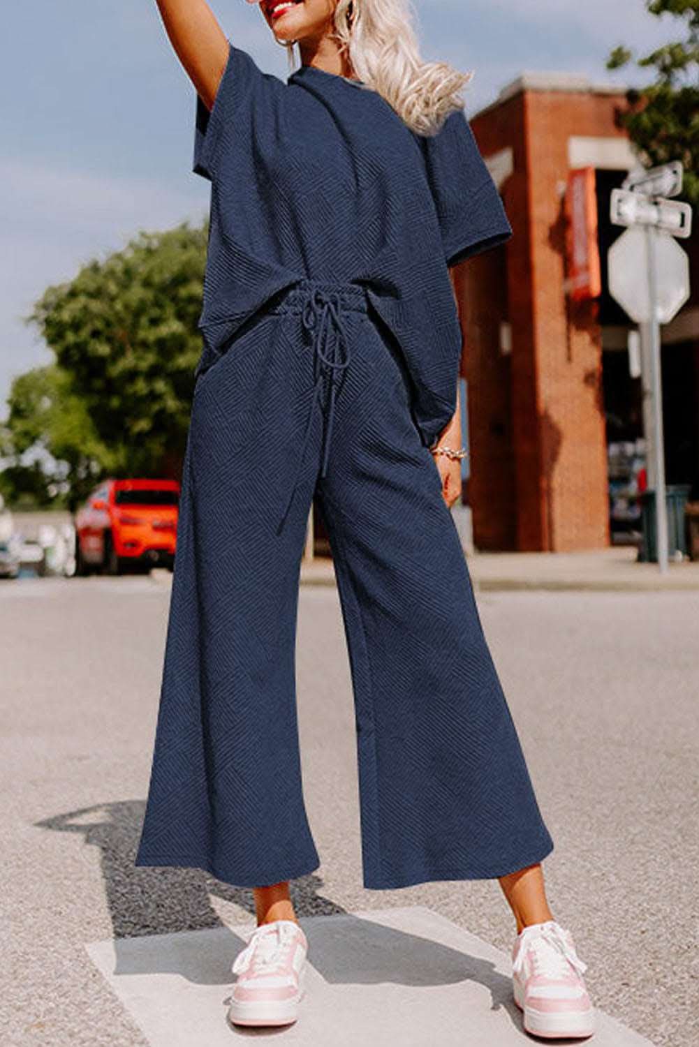 Navy Blue Textured Loose Fit T Shirt and Drawstring Pants Set - Love Salve 