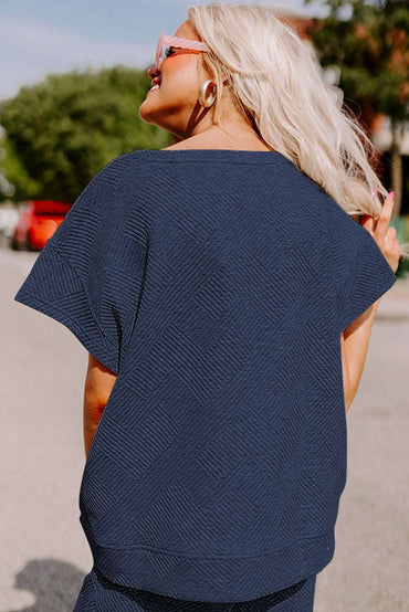 Navy Blue Textured Loose Fit T Shirt and Drawstring Pants Set - Love Salve 