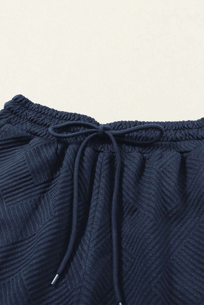 Navy Blue Textured Loose Fit T Shirt and Drawstring Pants Set - Love Salve 