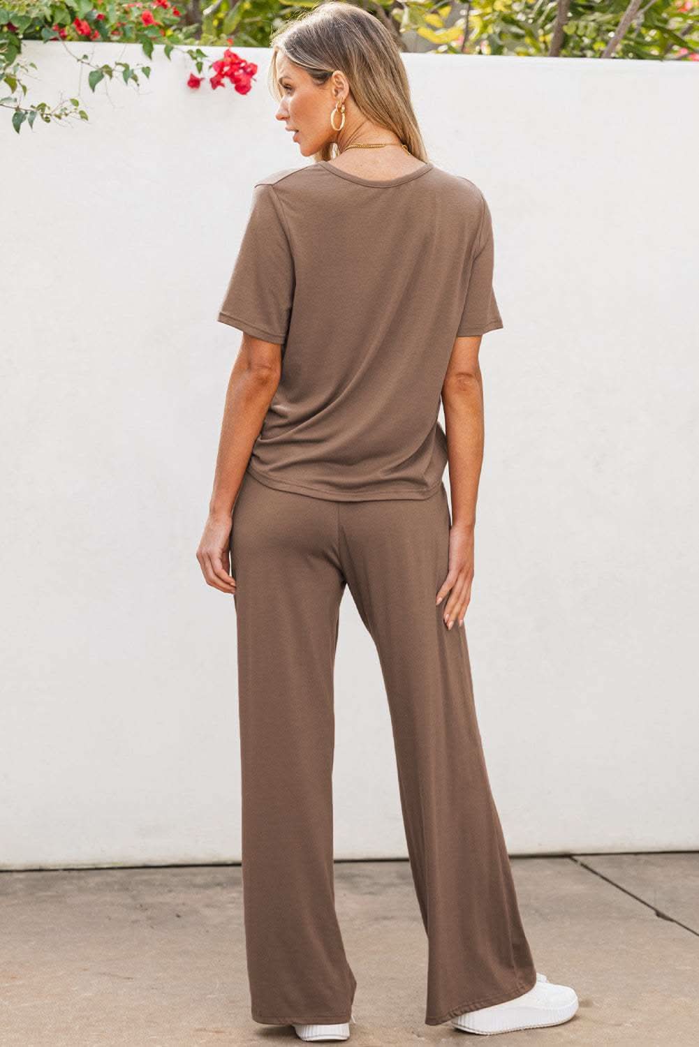 Smoke Gray Solid Color T Shirt 2pcs Wide Leg Pants Set - Love Salve 