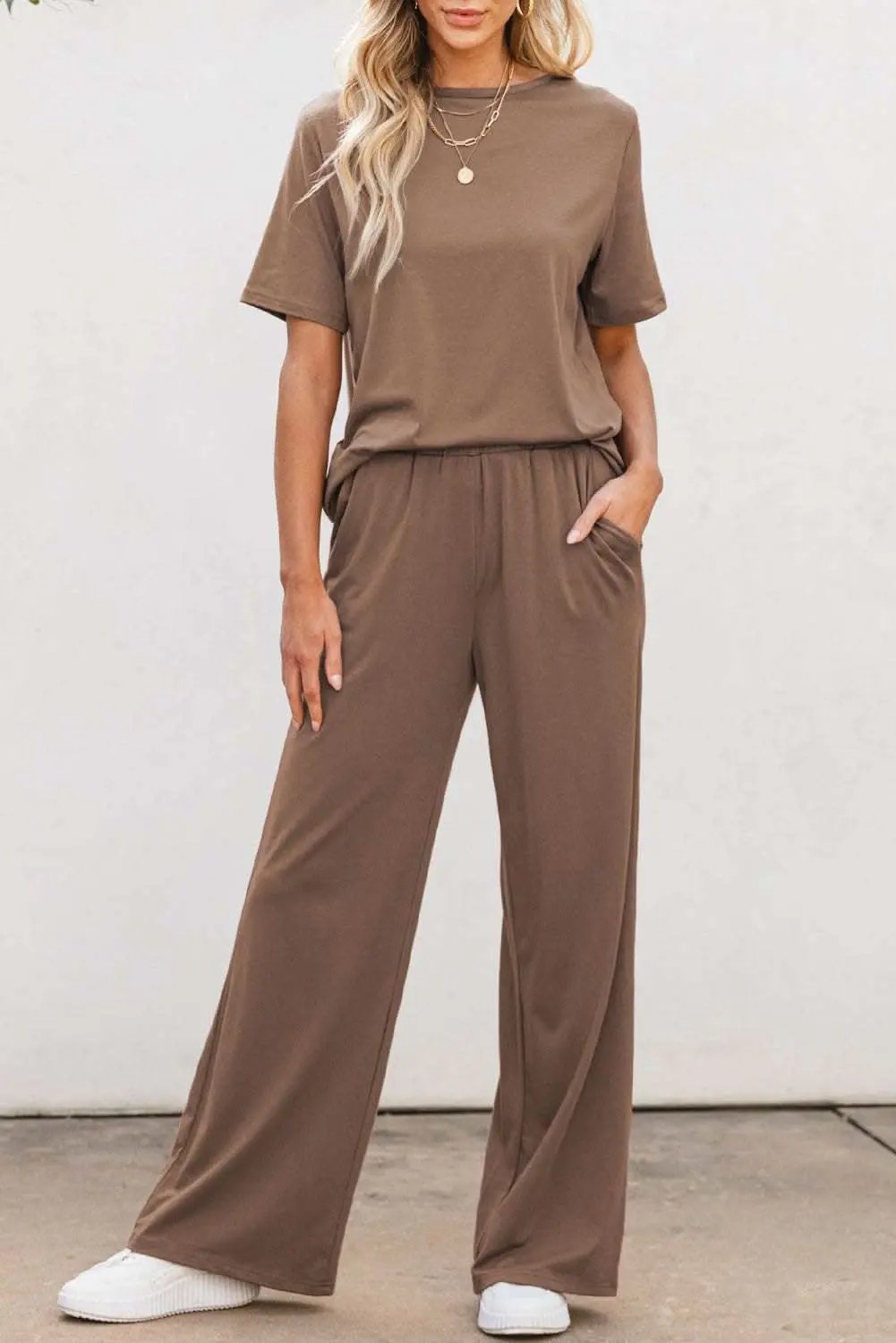 Smoke Gray Solid Color T Shirt 2pcs Wide Leg Pants Set - Love Salve 